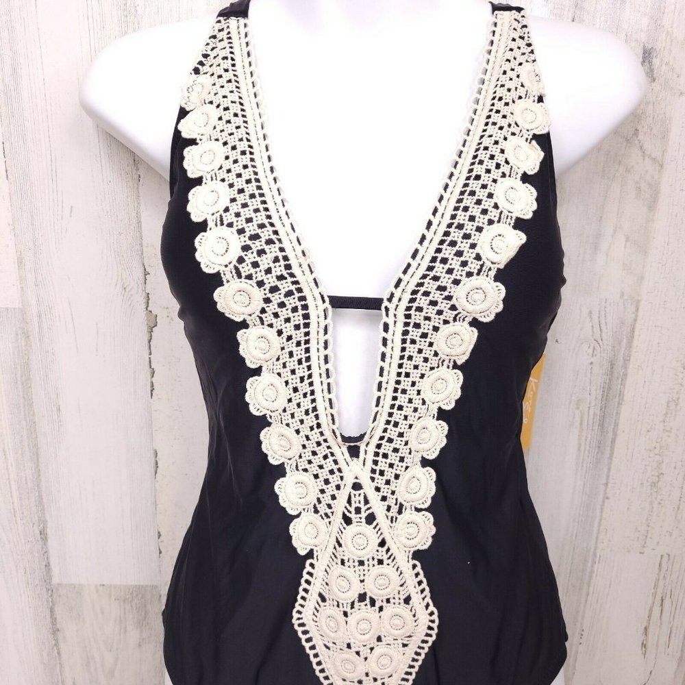 Kona Sol Crochet Trim Plunge One Piece Swimsuit M - Picture 4 of 5
